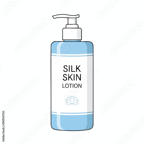 Pale blue lotion bottle with white pump dispenser, featuring "SILK SKIN LOTION" text and a lotus