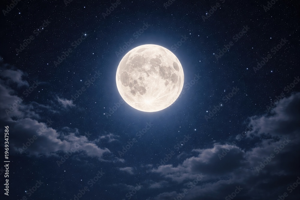 Fototapeta premium Full Moon Illuminating Clear Night Sky with Stars