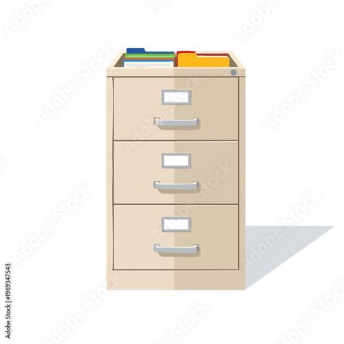 A three-drawer filing cabinet with colorful file folders neatly arranged in the top drawer