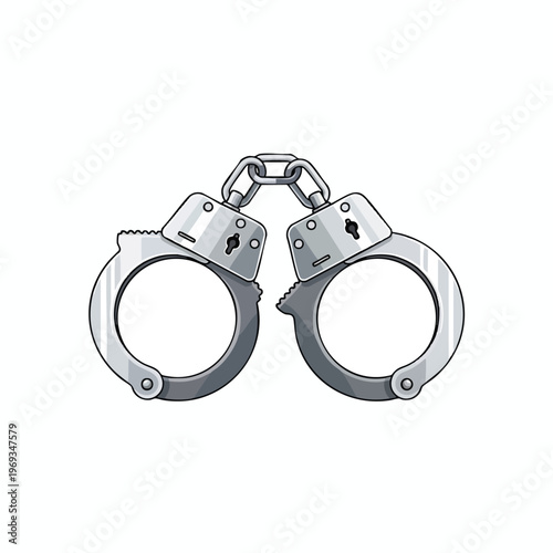 Silver metal handcuffs with chained connection, shown from front view