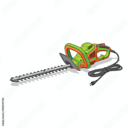 A green and orange electric hedge trimmer with a long blade and cord