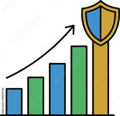 A shield protects a rising bar graph with an upward arrow.