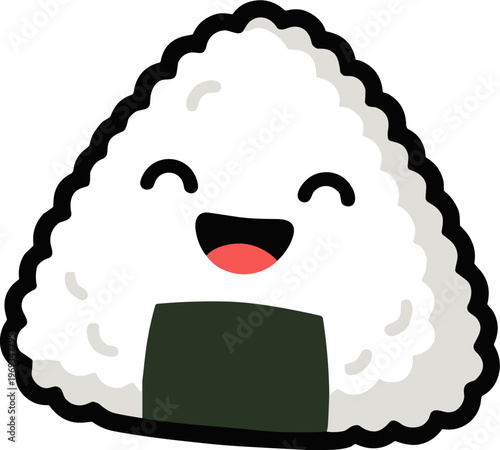 A smiling onigiri sits on a plate with a happy face.