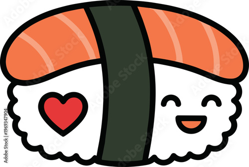 A cartoon sushi piece with a heart and smiling face on a plate