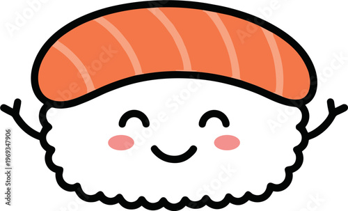 Smiling sushi cartoon character with salmon sashimi on top