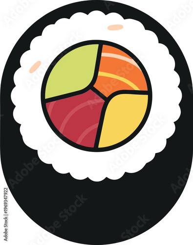 A sushi roll with colorful fillings sits on a plate indoors.