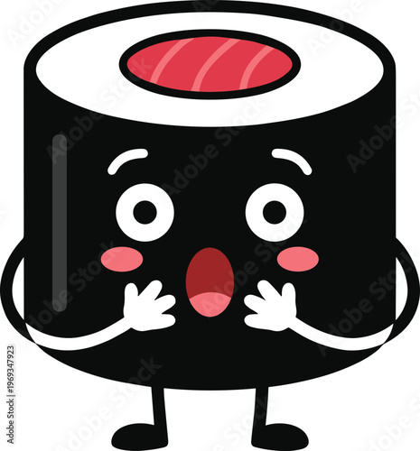 A cartoon sushi character with a shocked expression stands on a plate.