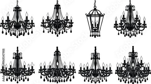 Collection, of, elegant, chandelier, silhouettes, luxury, ceiling, lamp, icons, set, isolated, on, white, background, vintage, classic, lighting, decor, elements, vector.