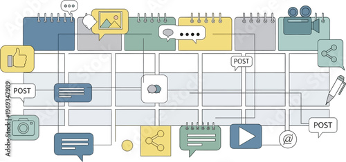 Digital Connection: A visually engaging illustration depicts a network of interconnected digital elements, with elements like the camera icon, video camera icon, like, play button, share button.