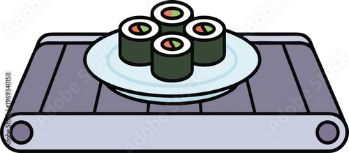 Sushi rolls are placed on a white plate on a wooden sushi conveyor belt.