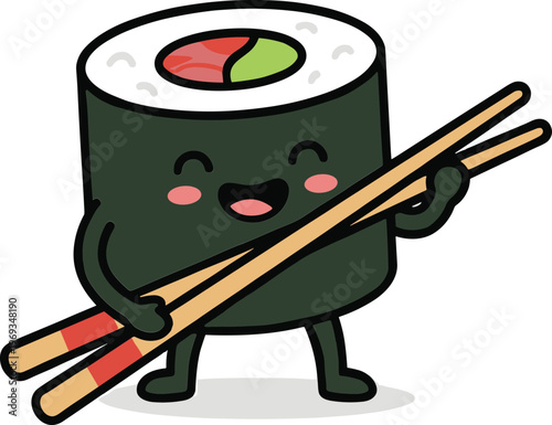 A cute cartoon sushi character happily holding chopsticks in a playful stance.