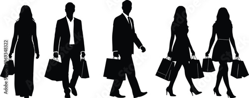 Black, silhouettes, of, stylish, men, and, women, walking, with, shopping, bags, isolated, on, white, background, retail, fashion, consumerism, and, lifestyle.