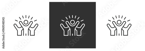 Line art icons symbolizing unity, community, and shared success with raised hands.