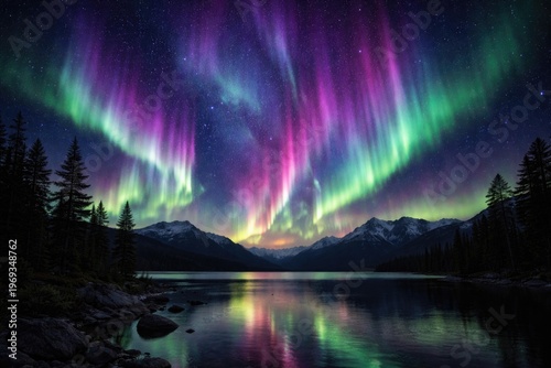 Night sky illuminated by colorful aurora borealis over a dark landscape