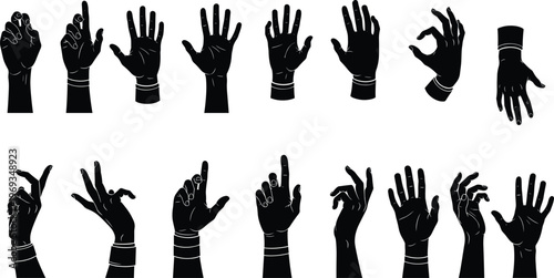 Black silhouette illustrations of human hands showing various gestures including open palms, fists, pointing, expressive movements, cuffs, wrist details, communication and design concept artwork