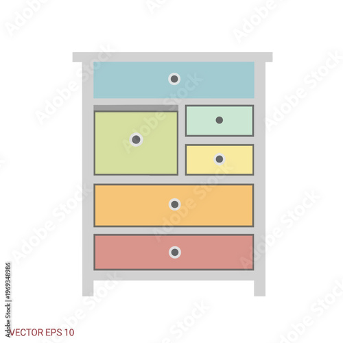 Simple dresser with six drawers in various pastel colors and gray frame