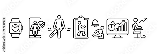 Fitness icons: smartwatch, app, leg pain, clipboard, running person, computer, desk worker