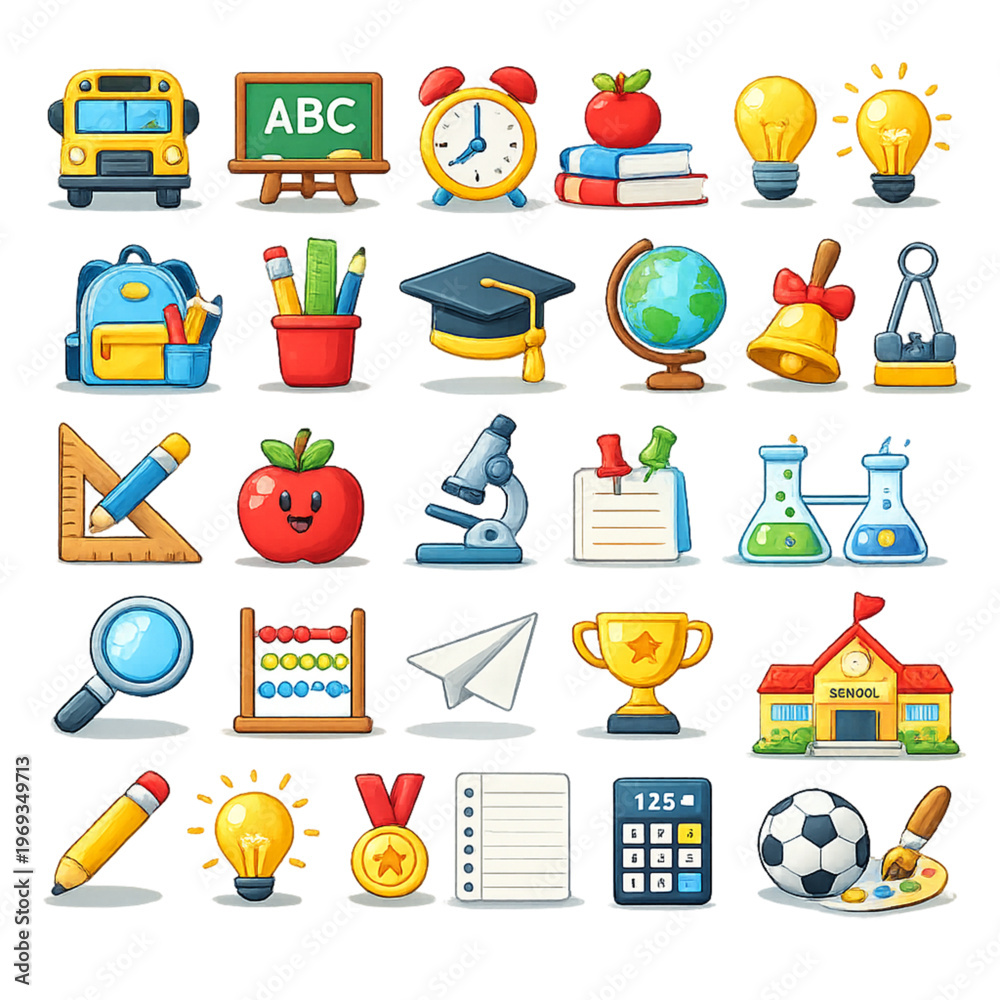 Obraz premium colorful education icons, school icons, learning symbols, academic icons, education illustration, study icons, student tools, classroom icons, educational symbols, book icon, pencil icon, school suppl
