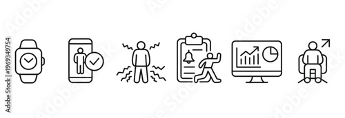 Health icons: smartwatch, app, stress, clipboard, running person, computer, seated person