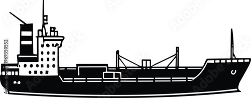 Black-and-white silhouette illustration of a modern cargo ship with cranes, superstructure, and streamlined hull, symbolizing maritime transportation, trade, and global logistics