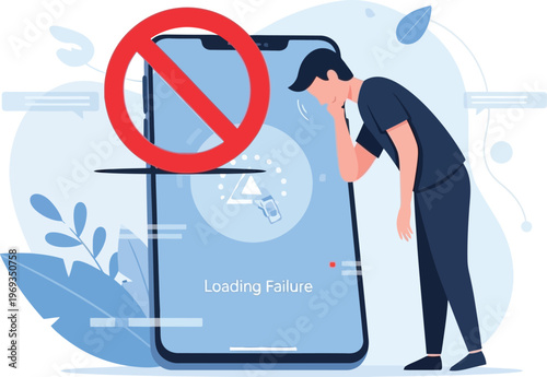 Digital Dilemma: A frustrated individual grapples with a failed loading error on a mobile device, symbolizing technological challenges and system breakdowns.
