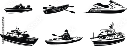 Black-and-white silhouettes of diverse watercraft including speedboat, rowboat, jet ski, motorboat, kayak, and yacht, showcasing recreational and transport vessel designs