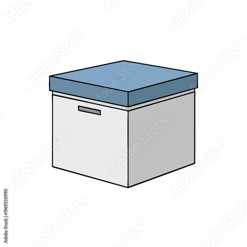 Cube-shaped storage box with a light blue lid and grey sides
