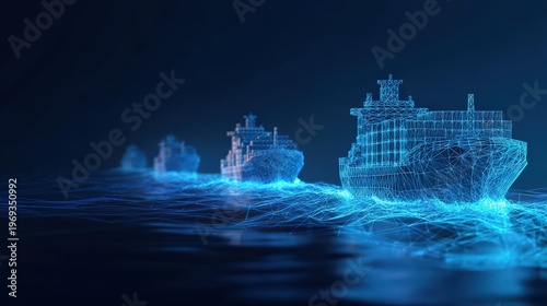 Futuristic digital rendering of cargo ships sailing across a simulated sea, with a captivating display of light and technology. ..Created with Generative AI, not depicting real subjects.