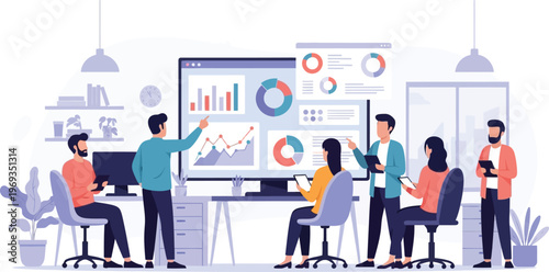Data Analytics Teamwork: A dynamic team collaborates, analyzing data and charts on a large screen, focused on strategic decision-making and business growth. 