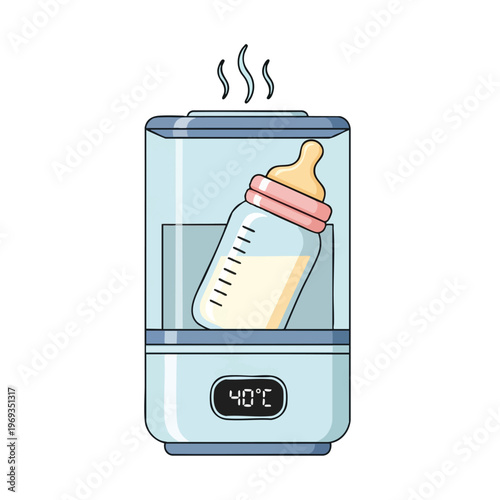 Baby bottle being warmed in a sterilizer with steam rising