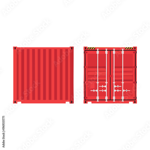 Two red cargo containers side by side, one front view, one with open doors
