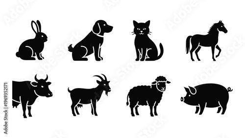 A collection of farm and domestic animal silhouettes including a rabbit dog cat horse cow and pig silhouette high quality professional