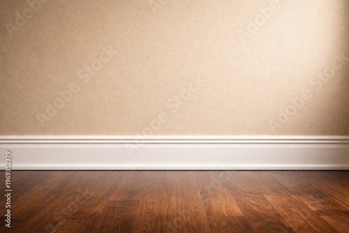 Beige wall with white baseboard molding and polished wooden floor interior detail