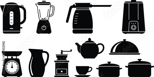 Minimalist black silhouette icons of essential kitchen appliances and utensils including kettle, blender, coffee pot, toaster, teapot, cooking pots, and serving dish for food preparation