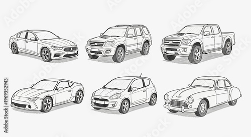Variety of illustrated vehicles sedans su vs trucks coupe and hatchback