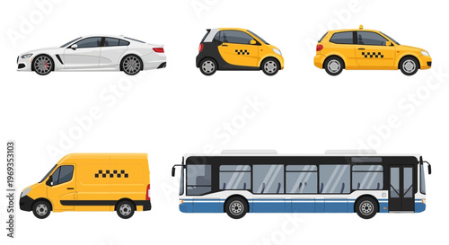 Variety of modern vehicles car taxi van and bus in vector style