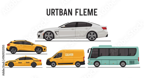 Variety of modern vehicles isolated on white background for transportation concepts