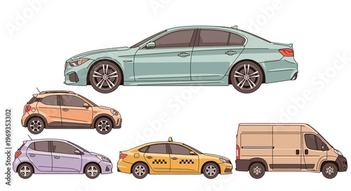 Variety of modern vehicles sedan suv hatchback taxi and van illustrations