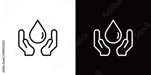 節水のラインアイコン。白い線と黒い線のモノクロベクターイラストセット