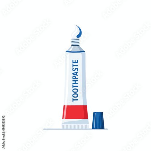 A tube of toothpaste with a blue and white blob squeezed out, next to its cap