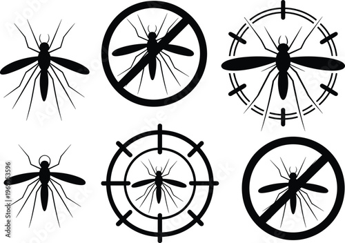 Silhouette mosquito icons with prohibition and target symbols representing pest control, insect prevention, 