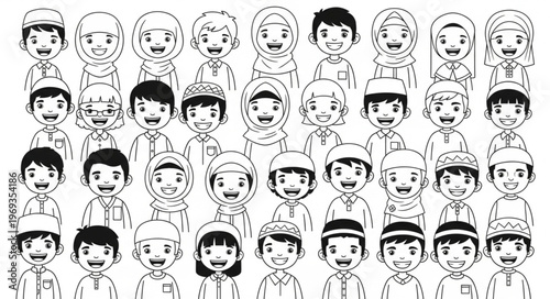 Collection of diverse cartoon people illustrations in black and white.