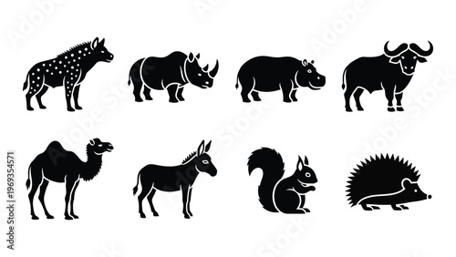 A collection of african animals and other wildlife depicted in a striking black silhouette high quality professional detailed modern elegant stylish