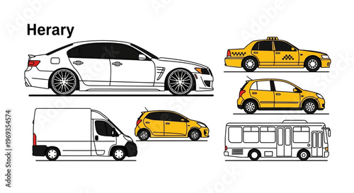 Variety of vehicle illustrations cars taxi bus and van against white background