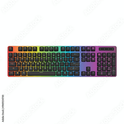 A full-size computer keyboard with a gradient color scheme from red to blue