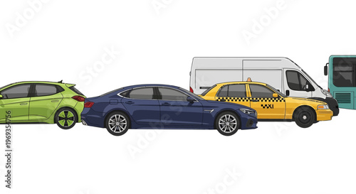 Variety of vehicles arrayed in a row against a clean white backdrop