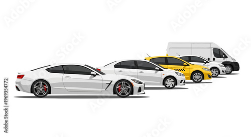Variety of vehicles arrayed in a row against a white background