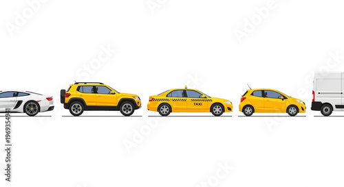 Variety of vehicles car suv taxi and van arrayed on white background