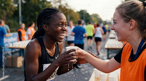 Paris Marathon Texas runner volunteer water station interaction smiling friendship support for sports magazine cover poster social media community banner