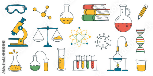 Vector illustration set of laboratory glassware and medical equipment icons featuring science chemistry bottles and a stethoscope symbol for pharmacy education and health design.